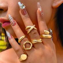 Kit Of 6 Sparkling Rings With A Modern Design And Exaggerated Geometric Curved Joints. - 金色 - 查看 2