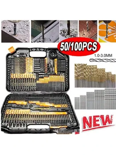 50/100pcs Titanium Coated High Speed Steel Drill Bit Set, 135° Tip Suitable For DIY Crafts, Woodworking, Carving And Jewelry Making - Size 1/25" To 1/8", Cylindrical Metal, Twist Drill Bits For Metal, Wood, Plastic, Fit For Home Improvement, Simple Tools, Convenient And Practical