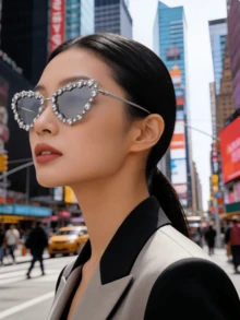 1副金属猫眼水钻装饰女士日常及节日时尚眼镜，水钻点缀金属猫眼时尚眼镜，奢华个性化几何三角形手工钻石时尚眼镜 - 銀色 - 查看 8