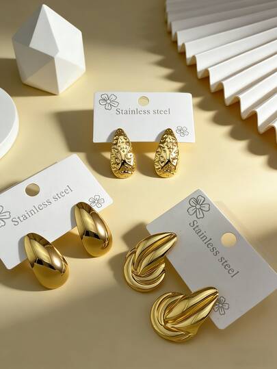 1/3对实心不锈钢耳环，不锈钢饰品，女士耳环，垂坠耳环，镀金铰链圆形耳环，竹节纹理，钻石切割，六边形，方形，圆形，蝴蝶造型，实心低过敏耳环，适合敏感耳，女士魅力配饰，中东时尚饰品，斋月装饰饰品，派对和节日礼物