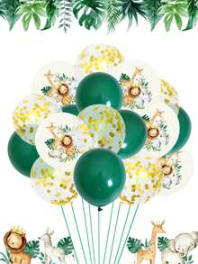 17 个丛林动物气球套装和 1 条绿色丝带，丛林动物主题生日派对装饰五彩纸屑气球，丛林动物装饰，生日礼物派对回礼，婴儿淋浴装饰
