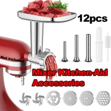 12pcs Stainless Steel Meat Grinder Attachment Kit For KitchenAid Stand Mixers, Multi-Functional Home Kitchen Accessory With Sausage Stuffer Tubes & Cleaning Brush, F-Ood-Grade Durable Metal For Meat Mincing & Sausage Making, Easy To Install & Clean - Silver - View 2