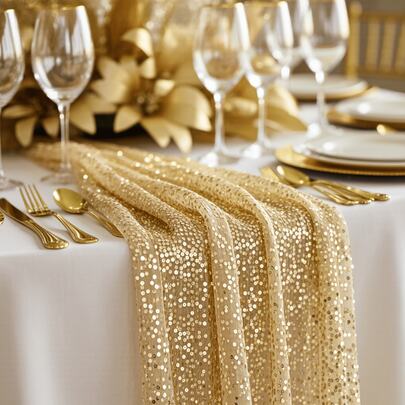 1pc Gold Sequin Table Runner, Dining Table Decor, Wedding Decoration Fabric, Sparkling Gold Table Cloth For DIY Party Decoration, Suitable For Wedding, Birthday, Housewarming, Romantic Date, Reception, Christmas, Valentine's Day, Ramadan And Other Holidays