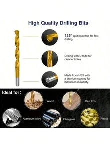 50/100件套钛涂层高速钢钻头套装，135°钻尖，适用于DIY工艺品、木工、雕刻和珠宝制作 - 尺寸1/25英寸至1/8英寸圆柱形金属，麻花钻头，适用于金属、木材、塑料，适合家居装修，简单实用。
