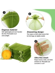 100/50/10个装水果保护袋，轻便耐用的绿色网状阻隔袋，带抽绳，适用于葡萄、草莓和园艺植物，防止昆虫和鸟类侵害，适合防治病虫害和种植水果蔬菜，也可用于存放化妆品、珠宝、糖果等。