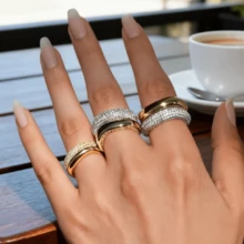 VKHK 2pcs/Set Luxurious Gold-Plated Copper Cubic Zirconia Decorated Ring Set, Suitable For Women Wedding Wear And Gifts - 2-piece Diamond Ring Set - View 3