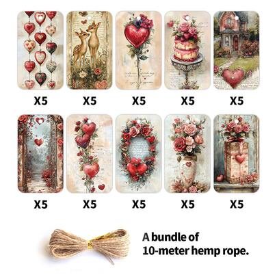 50个复古婚礼及情人节礼品标签，配麻绳 - 心形、驯鹿、甜心图案，适用于DIY礼品包装、礼物装饰、派对回礼、生日、新年婚礼、单身派对等场合。