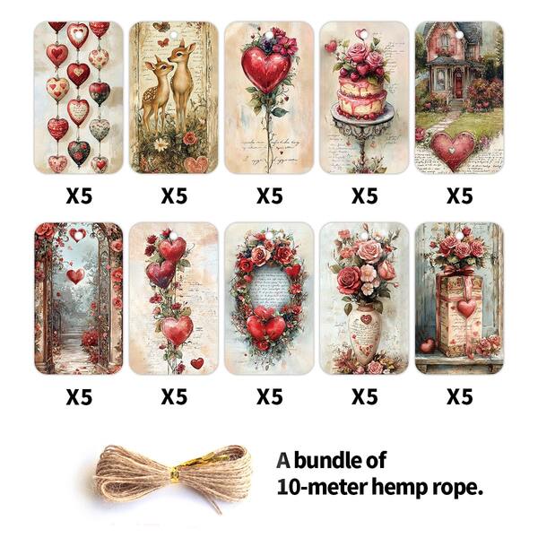 50个复古婚礼及情人节礼品标签，配麻绳 - 心形、驯鹿、甜心图案，适用于DIY礼品包装、礼物装饰、派对回礼、生日、新年婚礼、单身派对等场合。