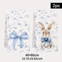 2 piezas Paños de cocina diarios simples con estampado de conejo de flores azules, material de poliéster suave, adecuados para decoración de cocina, limpieza, decoración de fiestas, artículos esenciales de cocina y baño, decoración del hogar, regalo de inauguración de la casa - Multicolor - Ver 3