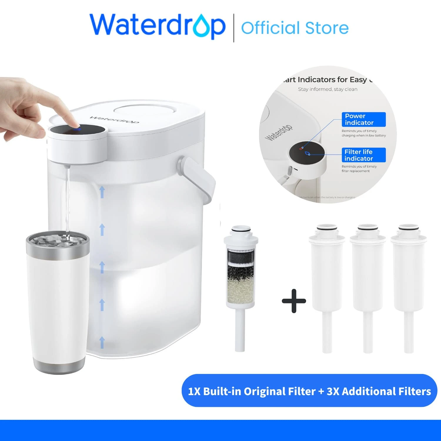 Waterdrop FreshTaste Electric Water Filter Jug, 4L Instant Water Filter Dispenser For Fridge, Reduce Chlorine, Lead, Copper, Purify, 1X Built-In Original Filter + 3X Additional Filters (Replacement Filter: WD-EDFS) - 白色 - 查看 1