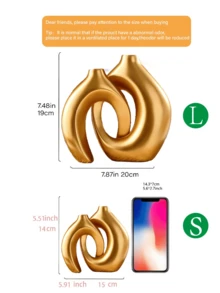 两件套奢华金色戒指花瓶套装 - 时尚双环设计，适合插放芦苇/干花。可摆放在客厅书架、茶几和卧室梳妆台上。增添优雅气息，使其成为引人注目的家居装饰品，也适合作为房间装饰、家居摆设、情人节礼物、返校礼物、开斋节装饰或节日礼物。（小号花瓶尺寸略小，如果您介意，请选择大号。） - 彩色 - 查看 7