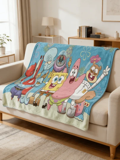 SpongeBob SquarePants 动漫海绵宝宝法兰绒卧室单人空调毯，外观高档，防污毯套