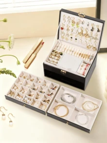 Brodark صندوق مجوهرات جلدي فاخر ثلاثي الطبقات، صندوق تخزين مجوهرات كبير السعة للعقود والأقراط والأساور والخواتم، شائع على الإنترنت - الأسود - مشاهدة 9