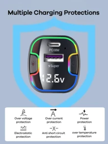 REMAX Încărcător auto de 120 W cu 5 porturi, afișaj tensiune, 3 ieșiri USB-C și 2 ieșiri Type-C, încărcare super rapidă, iluminare ambientală, cablu prelungitor de 1,5 m, rezistent la șocuri, protecție la încărcare multiplă, compatibil cu telefoane Android și altele, accesoriu esențial de călătorie - YQ8 - Vizualizare 11
