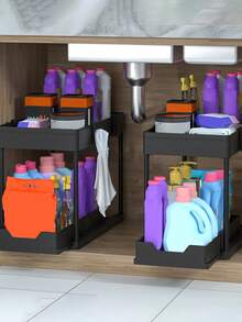 双层水槽收纳架、橱柜下层收纳架、双滑门橱柜篮抽屉、多功能浴室收纳篮、整理架、台面厨房收纳架、厨房装饰、节日礼物、厨房用品、厨房收纳架、浴室和厨房橱柜收纳单元、浴室和厨房多功能水槽收纳单元 - 彩色 - 查看 1