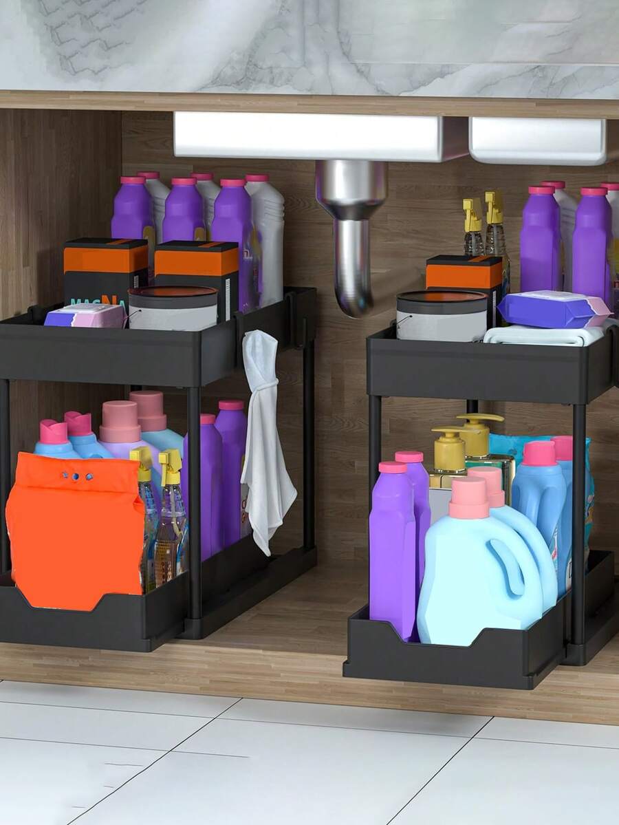 双层水槽收纳架、橱柜下层收纳架、双滑门橱柜篮抽屉、多功能浴室收纳篮、整理架、台面厨房收纳架、厨房装饰、节日礼物、厨房用品、厨房收纳架、浴室和厨房橱柜收纳单元、浴室和厨房多功能水槽收纳单元 - 彩色 - 查看 1