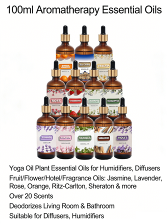 100ml Aceite esencial de aromaterapia, aceite de yoga, aceite esencial vegetal apto para humidificadores, máquinas de aromaterapia, desodorantes, aceites esenciales de frutas/flores/hoteles/fragancias, jazmín, lavanda, rosas, naranjas, Ritz Carlton, Sheraton y otros talla grande de 20 fragancias. Apto para desodorizar salas de estar y baños con máquinas de aromaterapia y humidificadores