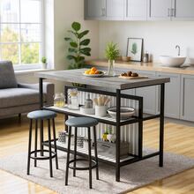3 Pieces Kitchen Island Set With 2 Bar Stools, Modern & Contemporary Style Dining Room Table And Chairs Set With 2-Tier Storage Shelves, Counter Height Bar Table Set For 2, 3 PCS Kitchen Table Set With 2 Chairs For Kitchen, Dining Room, Restaurant - Màu xám phong hóa - Xem 1