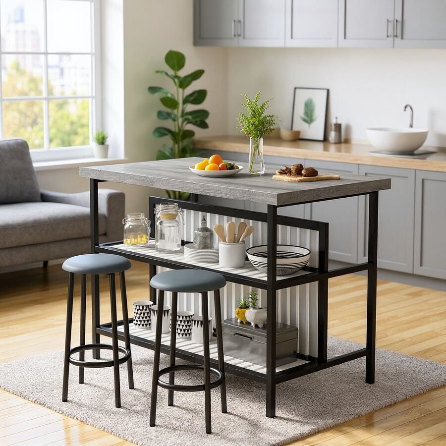 3 Pieces Kitchen Island Set With 2 Bar Stools, Modern & Contemporary Style Dining Room Table And Chairs Set With 2-Tier Storage Shelves, Counter Height Bar Table Set For 2, 3 PCS Kitchen Table Set With 2 Chairs For Kitchen, Dining Room, Restaurant - Màu xám phong hóa - Xem 1