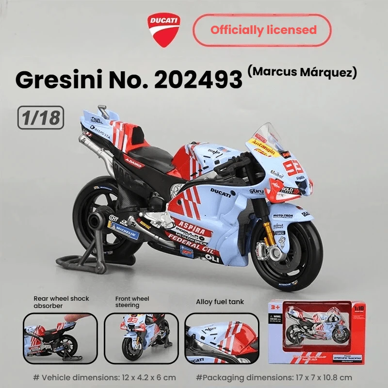 Burago Modelo de juguete de motocicleta a escala 1:18, figura de aleación de simulación de la motocicleta genuina del equipo Grasser 93# Márquez, regalo para niños - 1:18 Equipo Gresney 2024 #93 Márquez - Ver 1