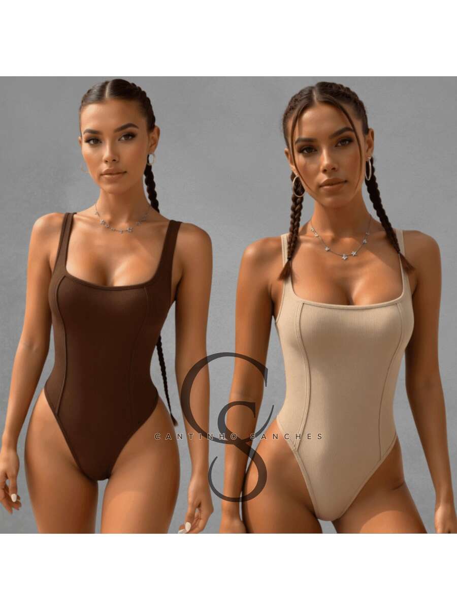 Kit Of 2 Women's Tank Top Bodysuits With Square Neckline And Ribbed Trim, Premium Fashion Bodysuit - 裸棕色 - 查看 1