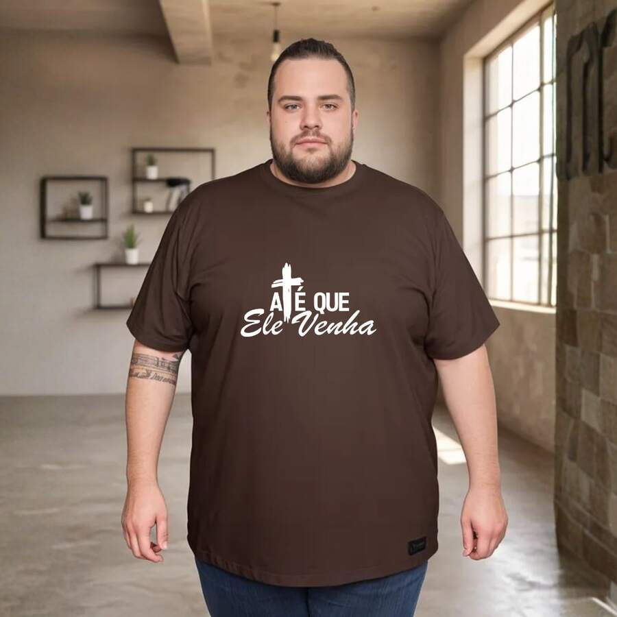 Plus Size Christian T-Shirt "Until He Comes" Premium 100% Cotton Knit Shirt - 鏽棕色 - 查看 1