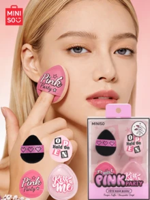 Nom conjoint de MINISO Link Party, Ensemble de 3 sacs cosmétiques avec étui de protection - En cuir PU antidérapant, utilisé pour la poudre et le correcteur, cadeau portable et charmant, cadeaux, voyage, articles bon marché, accessoires de voyage - Rose bonbon - Voir 4