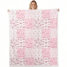 1pc Cozy Bowknot Print Flannel Blanket - Soft, Vintage-Inspired Design With Pink Bows On White, All-Season Comfort For Home, Office, Camping & Travel, Machine Washable, Perfect For Halloween & Christmas Decor, Travel Accessory |   Playful Pattern |   Soft Texture, Blanket For Bed - 多色7 - 查看 15
