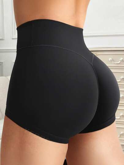 Pantalones cortos deportivos de ciclismo de cintura alta de unicolor para mujer, negros de verano