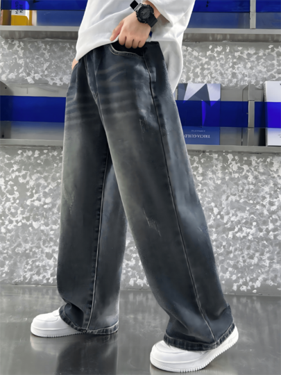 Boys Baggy Jeans Elasticated Waist Basic Wide-Leg Pants With Stretch Waistband Retro Street Style Denim Pants For Kids