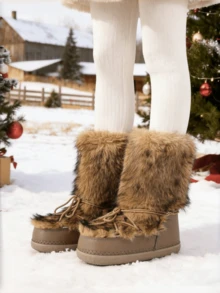 Women's Faux Fur Boots Fuzzy Fluffy Furry Snow Boots Round Toe With Lace-Up Design Cute Warm Suitable For Christmas Halloween And Winter - Nâu a - Xem 7