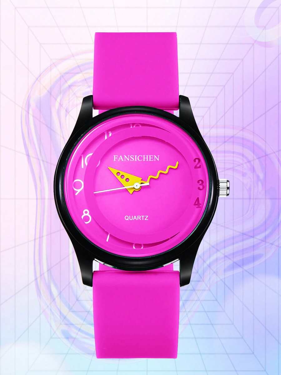 Cute Colorful Pattern Pink Silicone Strap Quartz Watch Girl's Fashion Casual Analog Wristwatch