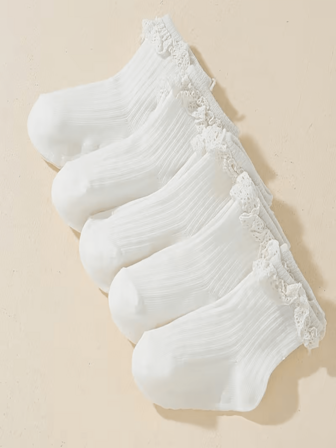 5 คู่ ถุงเท้าเด็กอ่อน/เด็กแรกเกิด สไตล์เจ้าหญิงน่ารัก ระบายลูกไม้กันลื่น ความยาวปานกลาง