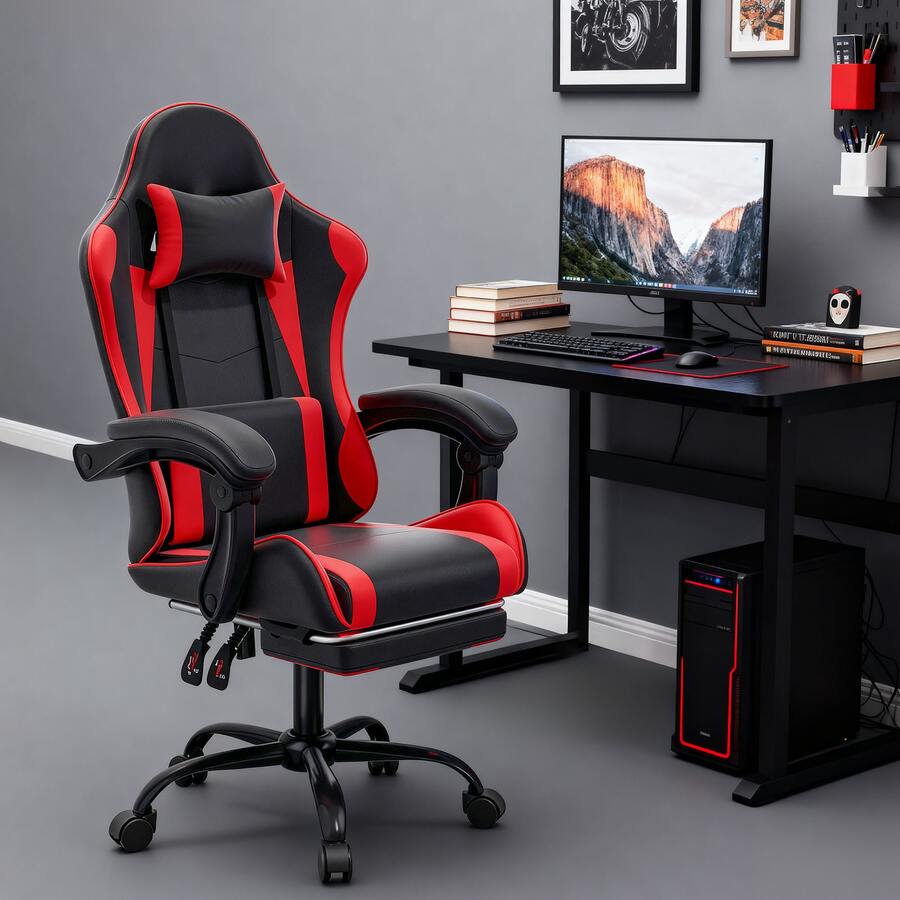Gaming Chair With Footrest High Back Video Game Chair With Headrest & Lumbar Support Height Adjustable Leather Swivel Computer Chair For Adult Teen Office Or Gaming, - Đỏ - Xem 1