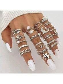 Set Cincin Wanita 23 Buah/Set, Gaya Bohemian Elegan, Tema Cinta, Paduan Logam Bertatahkan Rhinestone, Desain Geometris & Hati, Serbaguna untuk Pemakaian Sehari-hari, Cocok Sebagai Hadiah - Perak - View 3