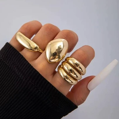 Conjunto 3 Anel Feminino Simples Banhado A Ouro 18k Oval Ajustável Anel Ondulado XL6588