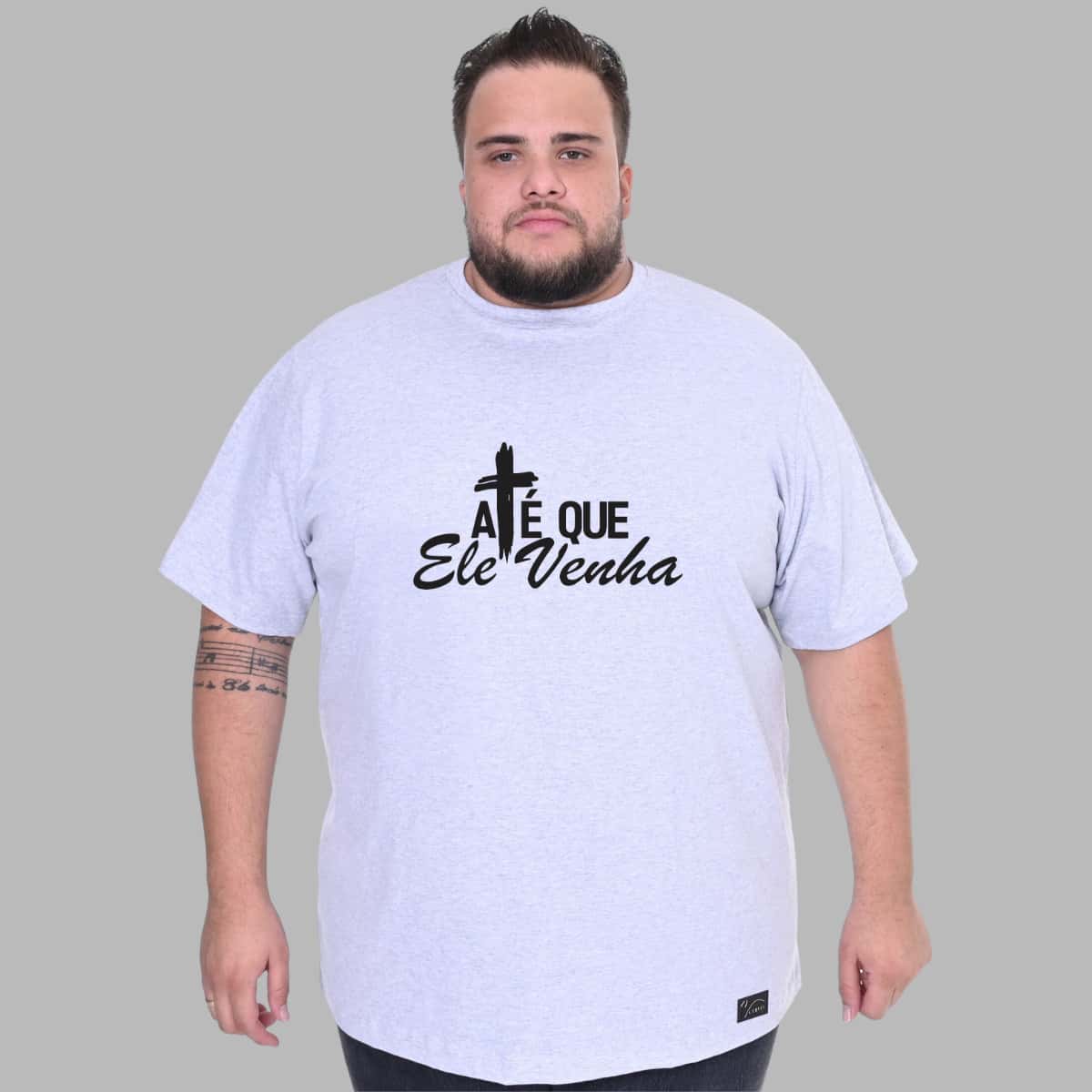 Plus Size Christian T-Shirt "Until He Comes" Premium 100% Cotton Knit Shirt - 灰色 - 查看 1