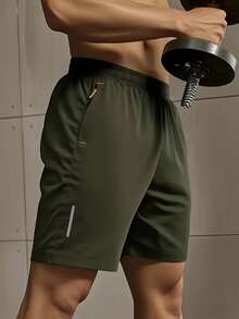 Men's Bermuda Shorts With Pockets, Reflective Logo, Shines With Flash, Perfect For Summer, Beach, Gym, Workout, And End Of Year. - 橄欖綠 - 查看 2