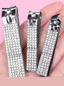 3pcs/Set Rhinestone Stainless Steel Nail Clipper Set, Stainless Steel Nail Cutter Nail Clippers, Pink & White Rhinestone Handle, Anti-Splash, Home & Travel Manicure Tool - Multicolor - View 3