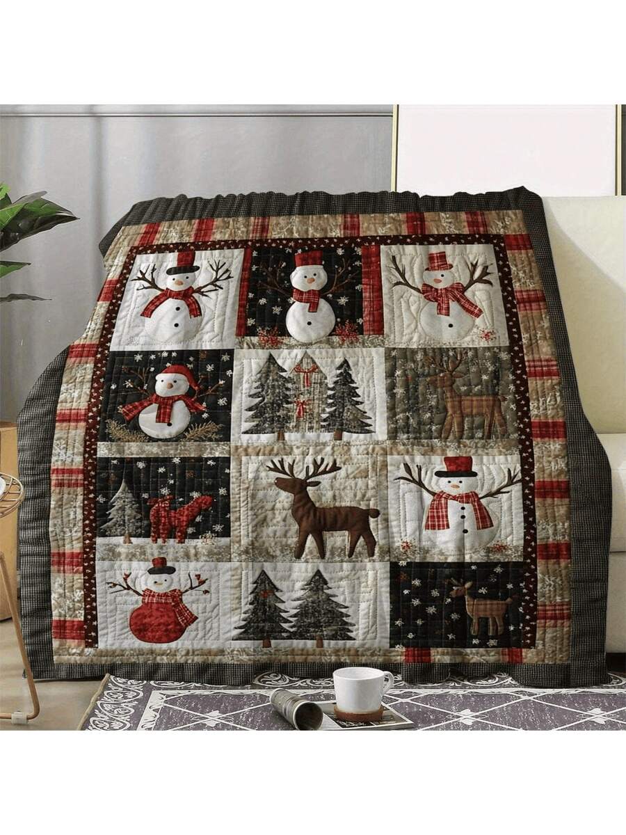 Featuring Classic Holiday Scenes, Including Snowmen With Twig Arms, Elegant Pine Trees, And Noble Reindeer, This Coral Fleece Plush Throw Blankets For Bed Bedroom Warm Bedroom Quilt Sofa Blanket Gifts For Friends And Family. - 白色 - 查看 1