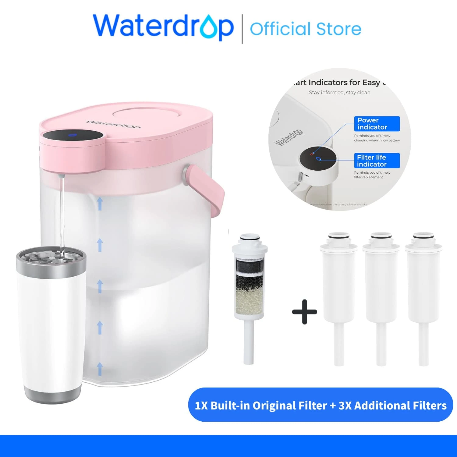 Waterdrop FreshTaste Electric Water Filter Jug, 4L Instant Water Filter Dispenser For Fridge, Reduce Chlorine, Lead, Copper, Purify, 1X Built-In Original Filter + 3X Additional Filters (Replacement Filter: WD-EDFS) - 粉色 - 查看 1