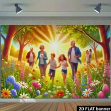 Biểu ngữ phẳng 2D 1 cái, cảnh gia đình dạo chơi trong rừng, với thiết kế hoa lá tươi sáng và nắng ấm, trang trí tiệc trong nhà và ngoài trời. - Vàng - Xem 5