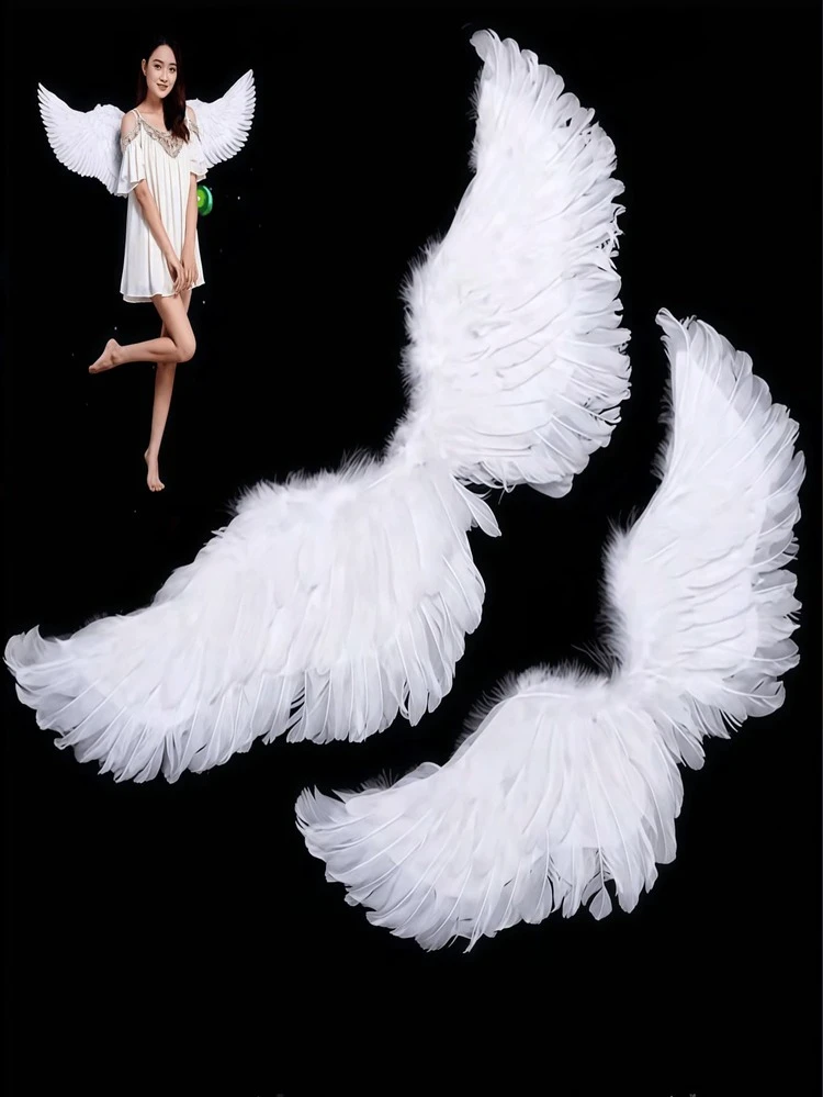 1 pieza Accesorio de disfraz de alas de plumas de ángel para fiesta, con correa elástica, adecuado para boda, cumpleaños, Halloween, Navidad - Blanco - Ver 1