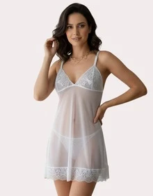 Women's Sexy Short Plain Camisole With Panties, No Padding, Luxury With Lace Details - 白色 - 查看 3