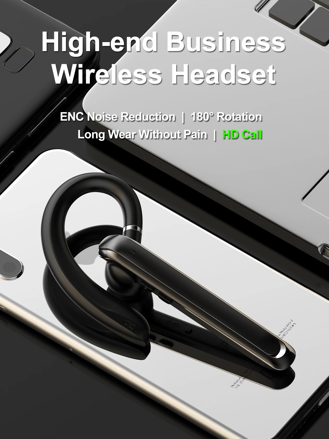 REMAX 180° Rotatable Bluetooth Earphone, Dual-Device Connection, Waterproof & Sweatproof, ENC Noise Cancellation, HD Call Quality, Voice Prompt, Suitable For Business Use - Black - View 1