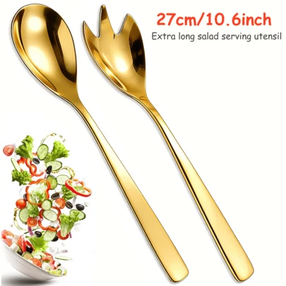2/4pcs Set Stylish Square Handle Salad Utensils, 10.6 Inch Salad Spoon & Fork, Durable Stainless Steel, Suitable For Buffet/Party/Banquet/Dining/Mother's Day/Wedding, Home/Restaurant/Kitchen, Mirror Polished, Dishwasher