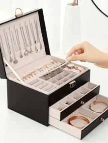 Brodark صندوق مجوهرات جلدي فاخر ثلاثي الطبقات، صندوق تخزين مجوهرات كبير السعة للعقود والأقراط والأساور والخواتم، شائع على الإنترنت - الأسود - مشاهدة 5