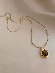 Conjunto de colar e colar vintage com contas de aço inoxidável na cor malaquita e pedra olho de gato. Ideal para uso diário, festas e eventos noturnos. Ótimo para presentear namorada, amiga ou no Dia dos Namorados. - Ouro amarelo - Ver 4