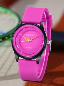 Cute Colorful Pattern Pink Silicone Strap Quartz Watch Girl's Fashion Casual Analog Wristwatch - Black - View 3