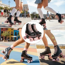 Milky Way Women's Light-Up Roller Skates Men's/Adult/Beginner Outdoor 4-Wheel Skates Classic Double-Row Roller Skates Christmas Gifts - 黑粉紅色 - 查看 6
